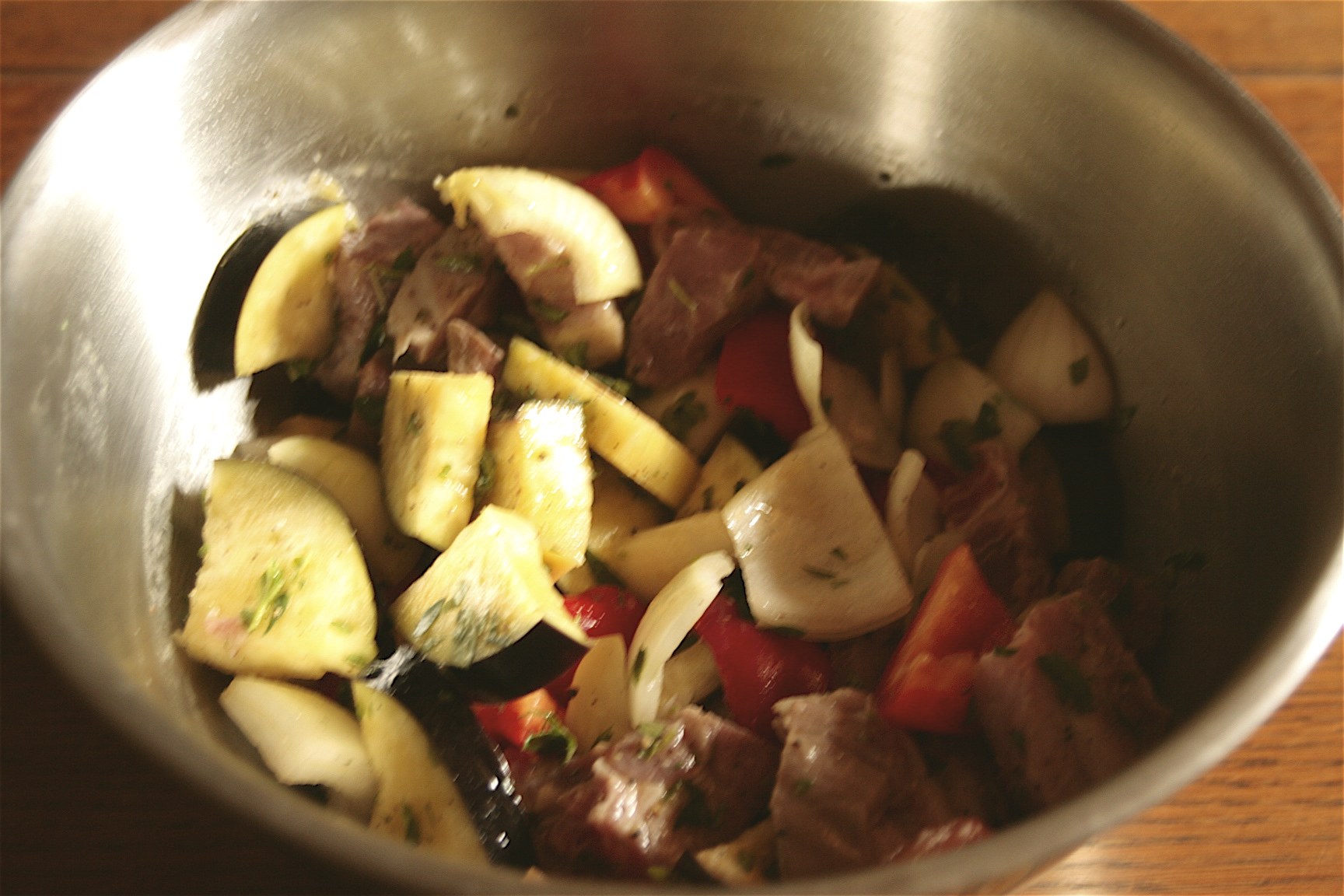 Marinading Pork & Veggie Kebabs