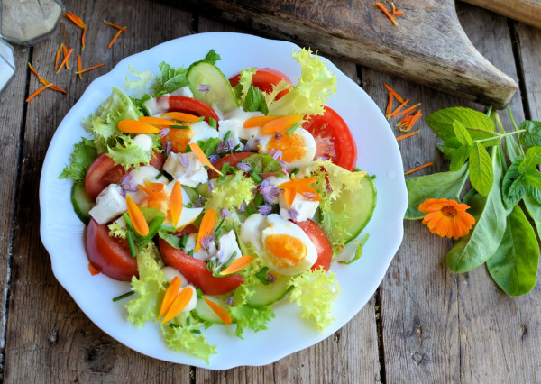 Egg & Tomato Salad with Marigold & Chive Flowers